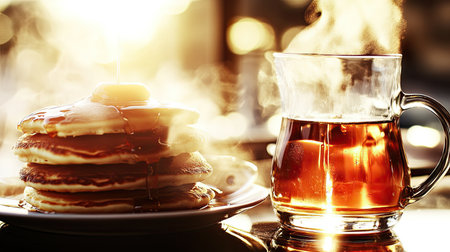 A beautiful arrangement of fluffy pancakes drizzled with maple syrup served alongside a steaming cup of hot tea in soft morning light.の素材