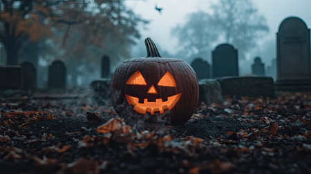 A glowing Halloween pumpkin lantern sits in a misty graveyard, surrounded by colorful autumn leaves, creating an eerie and festive atmosphere for the holiday.の素材