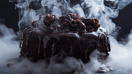 A stunning dark chocolate cake with a glossy frosting, surrounded by delicate smoke, creating a dramatic dessert presentation perfect for events.の素材