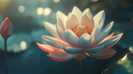 A stunning close-up of a vibrant lotus blossom emerging from tranquil waters, bathed in soft light, perfect for evoking calm and beauty in natural settings.の素材