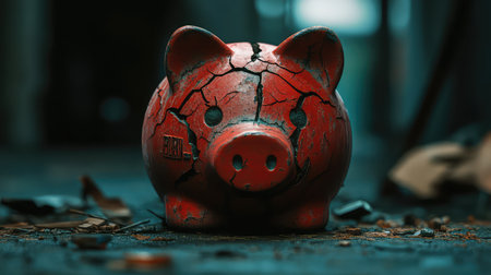 A striking image of a cracked red piggy bank resting in a dimly lit setting, symbolizing financial hardship and neglect, highlighting themes of saving and loss.の素材