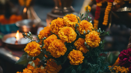 A stunning close-up of vibrant marigold flowers showcasing their rich orange hues, beautifully arranged in a festive setting with a diya, symbolizing celebration and culture.の素材