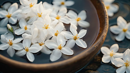Beautiful white flowers float gently on the surface of water in a rustic bowl, creating a serene and tranquil scene ideal for relaxation and harmony.の素材