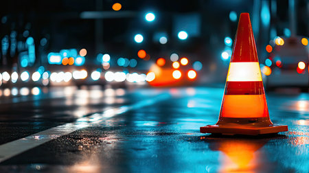 A vivid orange traffic cone stands prominently on a wet city street at night, surrounded by soft bokeh lights from passing vehicles, creating an urban atmosphere.の素材