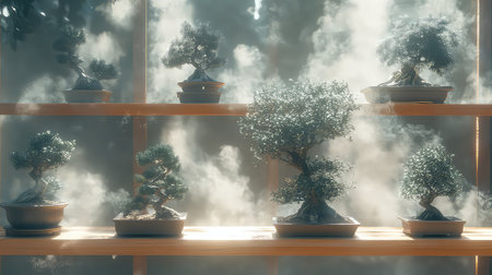 This image showcases an aesthetically pleasing arrangement of bonsai trees on wooden shelves, surrounded by a soft mist, creating a serene atmosphere perfect for relaxation and contemplation.の素材