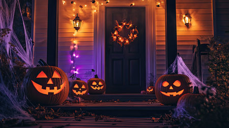 This enchanting Halloween scene features glowing carved pumpkins on a porch adorned with cobwebs and fairy lights, creating a festive atmosphere.の素材