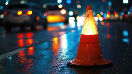 A vibrant orange traffic cone stands on a wet street at night, illuminated against a backdrop of blurred city lights. The rain-soaked pavement reflects bright hues, adding an aesthetic touch to the urban scene while emphasizing safety and caution on the road.の素材