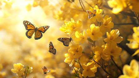 A stunning scene capturing monarch butterflies fluttering among radiant yellow flowers, illuminated by warm natural light, evoking tranquility and beauty.の素材