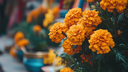 This stunning image showcases bright yellow marigold flowers in a colorful garden environment. The vibrant blooms stand out against a softly blurred background, evoking a sense of cheer and beauty in nature.の素材