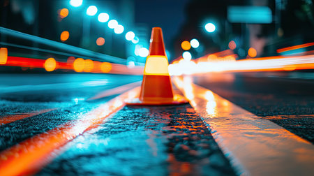 A vibrant scene featuring a bright traffic cone placed on a wet urban street at night, surrounded by colorful motion blur from passing vehicles.の素材