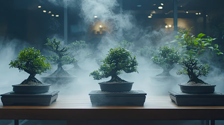 A serene indoor display of exquisite bonsai trees surrounded by swirling mist, creating a peaceful atmosphere perfect for relaxation and contemplation.の素材