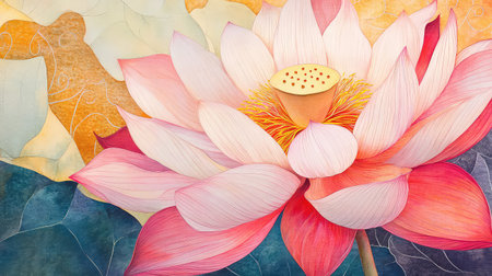 A stunning illustration of a water lily flower in soft pastel colors, showcasing intricate detail and abstract background elements. Perfect for decor.の素材