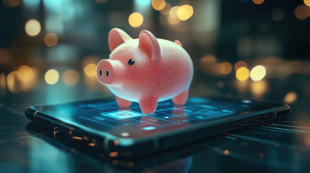 This image captures a digital piggy bank on a smartphone screen, symbolizing innovation in finance and savings with a modern bokeh background.の素材