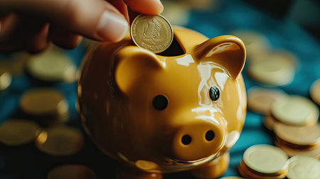 A close-up image of a hand inserting a gold coin into a bright yellow piggy bank, with scattered coins creating an inviting atmosphere for saving money.の素材