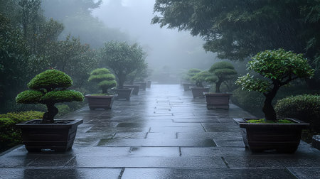 A serene garden path adorned with elegant bonsai trees, enveloped in mist and light rain. This tranquil scene captures the essence of peaceful nature.の素材