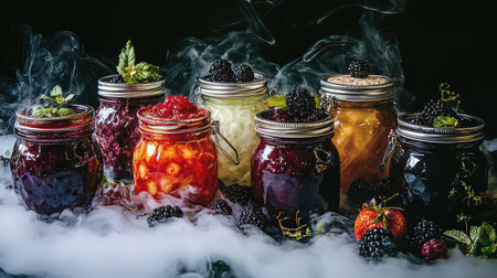 A stunning collection of artisan jams and preserves displayed in glass jars, surrounded by fresh berries and a smoky atmosphere, perfect for culinary inspiration.の素材