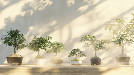 A serene collection of bonsai trees displayed in a minimalistic indoor setting, featuring soft natural lighting that enhances the tranquil atmosphere.の素材