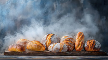 A stunning display of freshly baked artisan bread loaves on a wooden board with light steam swirling around, showcasing warm textures and delightful aromas.の素材