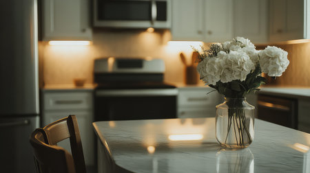 A stylish modern kitchen showcases a marble island adorned with fresh white flowers in a clear glass vase, creating an inviting and elegant atmosphere.の素材