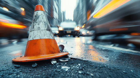 A captivating urban scene featuring a prominent orange traffic cone on a wet street, surrounded by blurred vehicles showcasing the lively city atmosphere.の素材