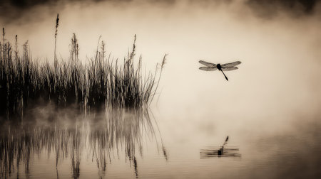 A captivating black and white image of a dragonfly flying over mystic water, surrounded by gentle grasses and reflected beauty in a tranquil setting.の素材