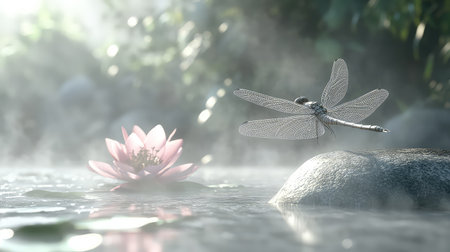 A captivating scene showcasing a delicate dragonfly hovering over a pink lotus flower in a tranquil, misty pond. The soft light enhances the serene atmosphere, offering a glimpse into nature's beauty.の素材
