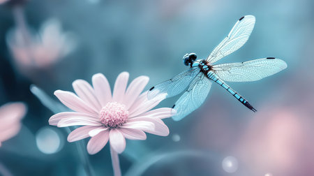 A stunning dragonfly perched gracefully on a blooming flower, showcasing intricate details with a soft, pastel-colored background, evoking tranquility.の素材