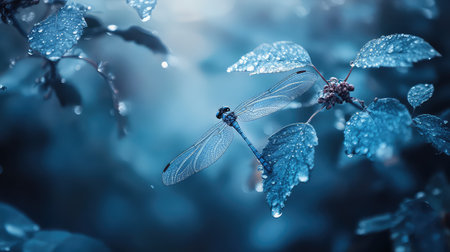 A stunning close-up of a dragonfly resting on lush green leaves, adorned with glistening dew drops, captured in a serene forest setting.の素材