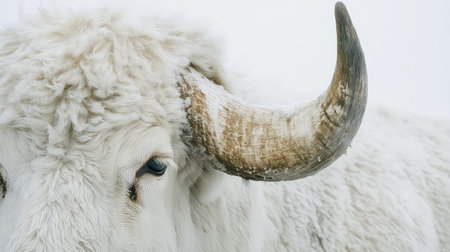 This image showcases a close-up of a white yak, highlighting its fluffy fur and striking horns against a soft white backdrop, embodying natural beauty.の素材