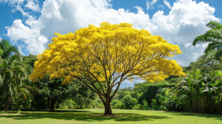 A stunning yellow tree stands out in a lush green landscape, framed by a bright blue sky and fluffy white clouds, creating a serene and vibrant atmosphere.の素材