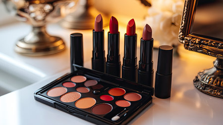 A stunning arrangement of vibrant lipsticks and a versatile makeup palette on a sleek vanity, captured in warm, inviting light, showcasing beauty essentials.の素材