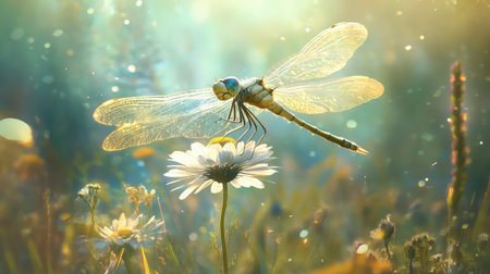 A stunning close-up of a delicate dragonfly gracefully hovering above a vibrant white daisy in a serene garden setting, capturing the essence of nature's beauty.の素材