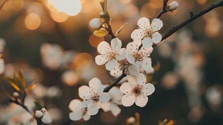 A stunning close-up of white cherry blossoms illuminated by soft sunlight, creating a serene and tranquil atmosphere in a beautiful spring setting.の素材