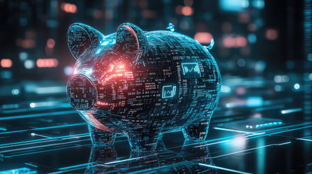This digital piggy bank represents innovative concepts in saving and investing, featuring vibrant neon data analytics that reflect the future of finance.の素材