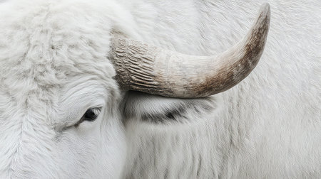 This striking close-up image showcases a white animal with soft fur and distinctive horns. Captured in natural lighting, it highlights details of the animal's serene expression.の素材