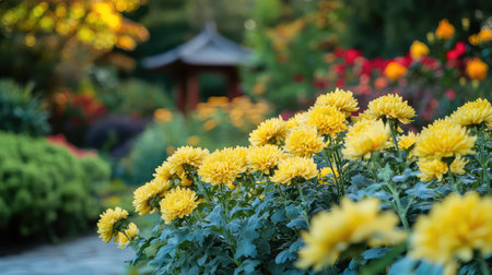 A beautiful scene showcasing vibrant yellow chrysanthemums in full bloom within a colorful garden, illuminated by soft autumn light and featuring a gazebo.の素材
