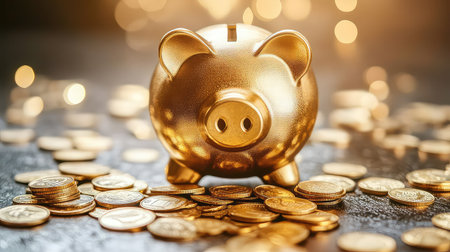 A golden piggy bank stands prominently among a scattering of coins, enhanced by a bokeh background and warm lighting, ideal for financial themes.の素材