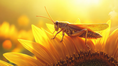 A close-up portrayal of a golden grasshopper perched on sunflower petals, basking in warm sunlight. This image captures the intricate details of nature, showcasing vibrant colors and the beauty of the outdoor environment. Perfect for themes of summer, wildlife, and tranquility.の素材