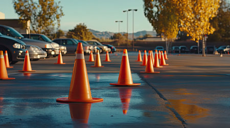 A row of bright orange traffic cones arranged in a parking lot on a sunny day, surrounded by parked cars and trees, creating an organized and safe environment.の素材