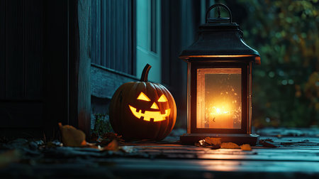A charming autumn scene featuring a carved pumpkin with a mischievous grin next to a glowing lantern on a rustic porch, creating a warm Halloween atmosphere.の素材