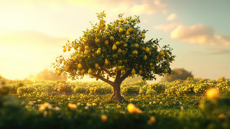 This stunning image captures a lush lemon tree adorned with ripe lemons, set against a vibrant sunset sky. The field of blooming flowers enhances the serene atmosphere.の素材