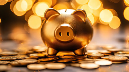 This image features a golden piggy bank sitting atop a pile of shiny coins, set against a blurred bokeh backdrop. It symbolizes financial wealth and savings strategy.の素材