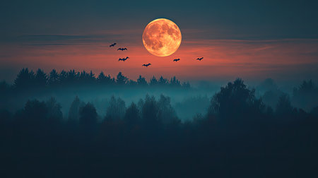 A stunning view of a full moon casting its glow over a misty forest. Bats soar against the celestial backdrop, creating a magical nighttime scene.の素材