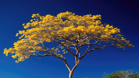 A vibrant yellow tree stands majestically against a brilliant blue sky, highlighting nature's stunning colors and intricate textures in a serene landscape.の素材