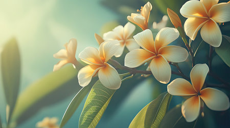 This stunning close-up image features plumeria flowers with creamy petals and delicate yellow centers, surrounded by vibrant green leaves, creating a tranquil ambiance.の素材