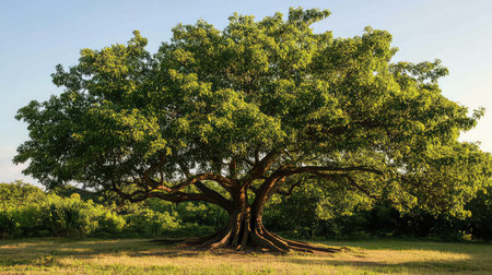 A stunning, expansive tree with vibrant green leaves and strong branches stands in a tranquil outdoor setting, beautifully illuminated by sunlight.の素材