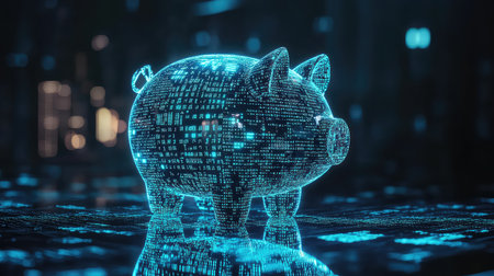 This futuristic digital piggy bank stands out amid flowing binary code, symbolizing the integration of technology in savings and financial management.の素材