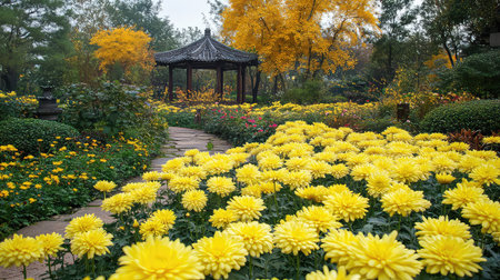 A picturesque garden scene featuring vibrant yellow chrysanthemums in full bloom, complemented by a traditional pavilion and autumn foliage.の素材
