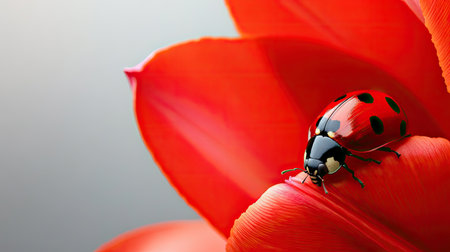 A stunning close-up captures a ladybug resting on a bright red flower petal, showcasing intricate details of nature's beauty amidst a soft, blurred background.の素材