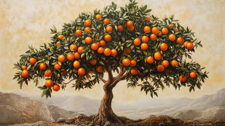 A stunning orange tree full of ripe fruit stands majestically in a scenic landscape, showcasing lush green leaves and the beauty of nature's bounty.の素材